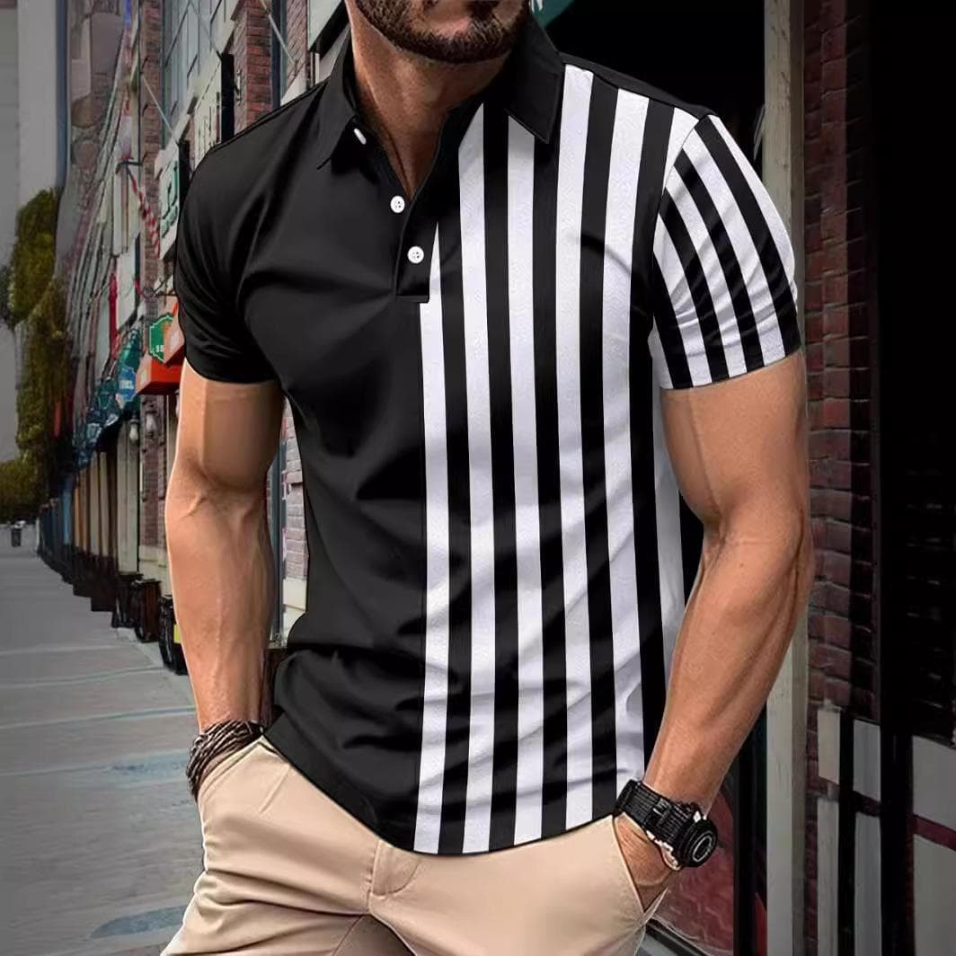 New summer new men's short-sleeved polo shirt striped printed lapel polo shirt men's T-shirt tops M black