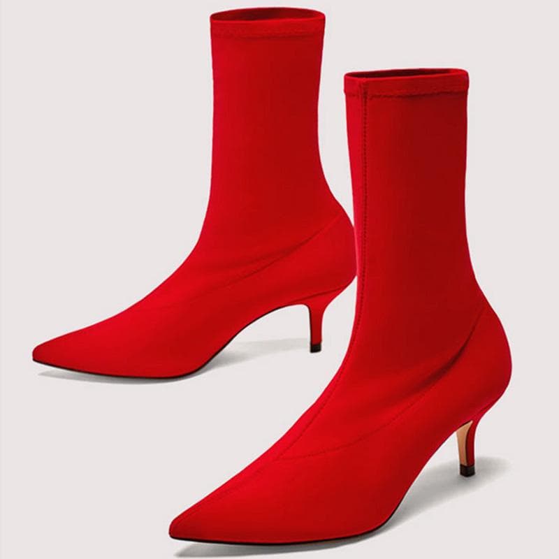 Autumn Women Sock Boots Stretch fabric High Heels Pointed Toe Ankle Boots Pumps Stiletto Lady Shoes 42 red