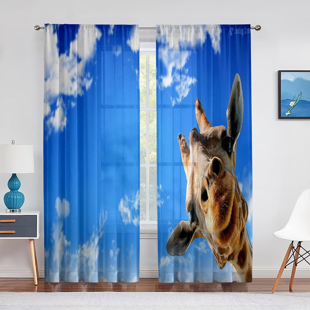 Animals Giraffes and Zebras Blue Sky Clouds Sheer Voile Curtain for Living Room Bedroom Decoration Window Chiffon Tulle Curtains 1 PCS W100XH250cm&Grommet Top