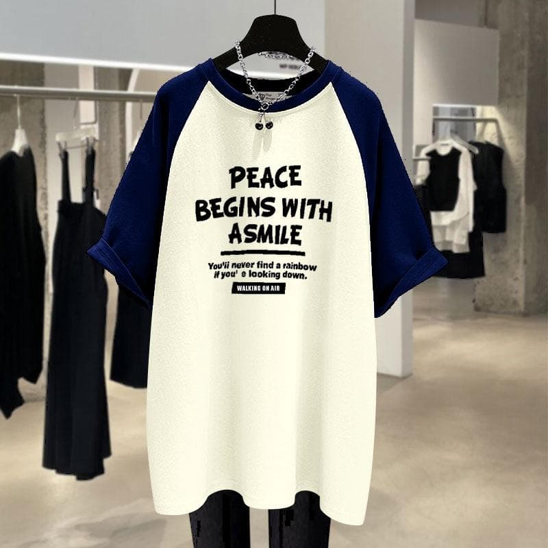 Contrasting Medium-length New Summer Casual Letters Large Version Loose Rag-sleeved Short-sleeved T-shirt for Women XXXL