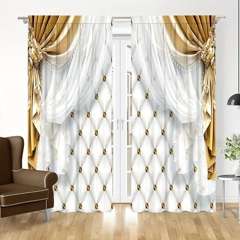 2pcs Golden Peacock Curtain Study Room Kitchen Living Room Dorm Rod Pocket Top Window Drapes Bedroom Accessories Home Decor W75xH166(CM)x2PCS-Grommet Top