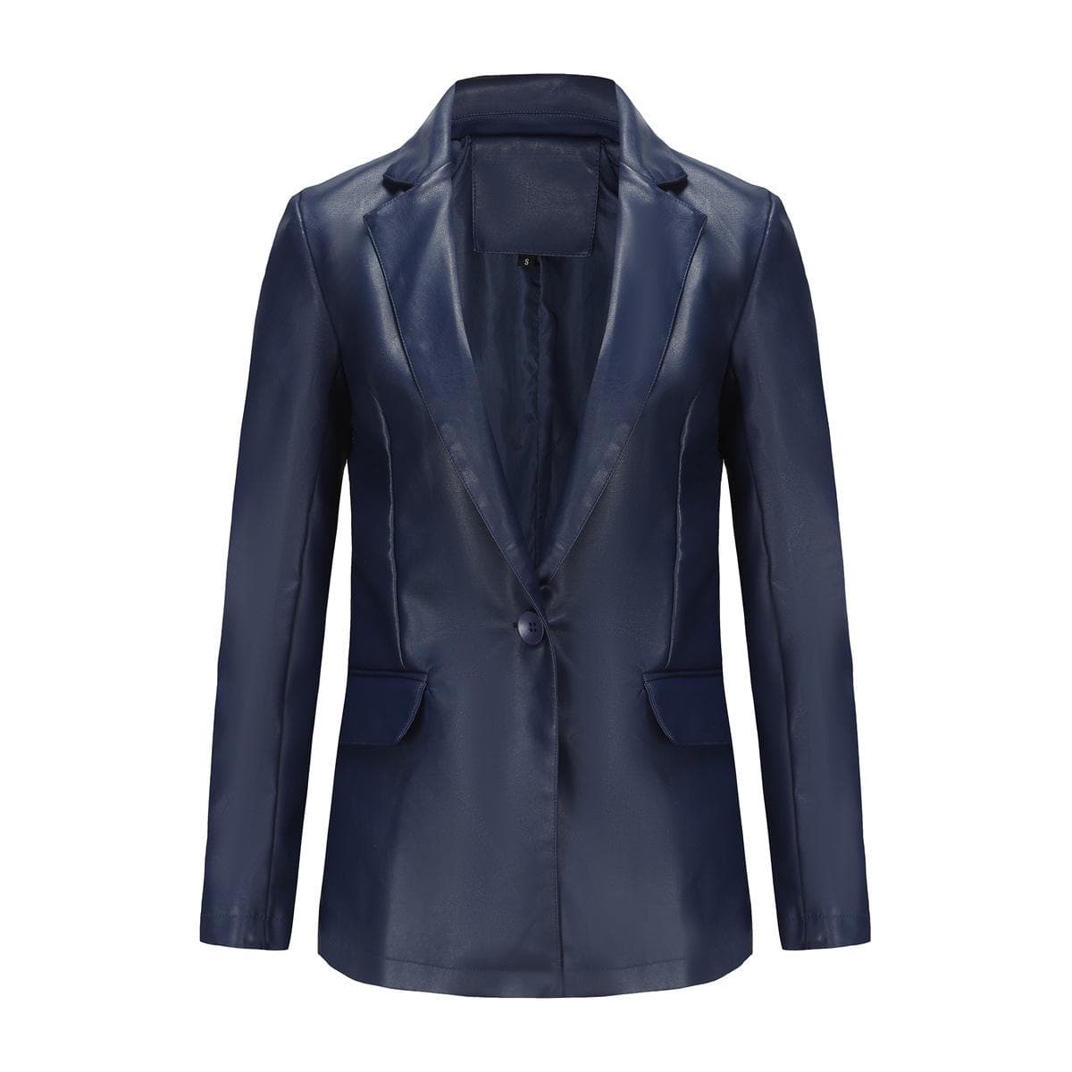 Women's Solid Color Single Button Leather Jacket for Commuting and Leisure XL blue