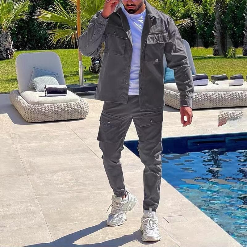 Men's Jacket Cargo Pants Set with Pocket Button Spring Fall Blue Tracksuit Solid Color Male Fashion 2 Pieces Suit XL gray