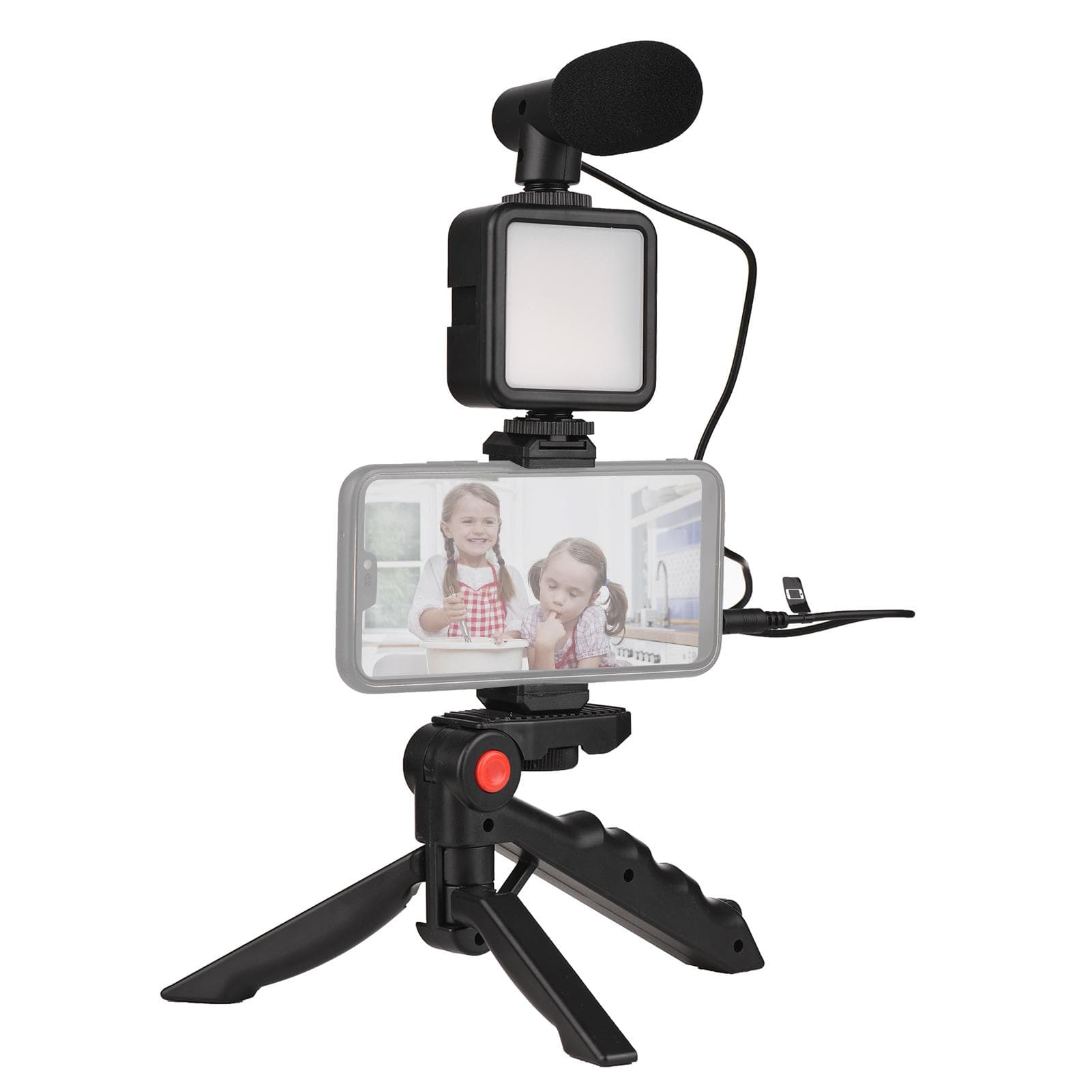 Smartphone Vlog Kit Mini LED Video Light + Cardioid Microphone + Extendable Phone Clip + Tripod black