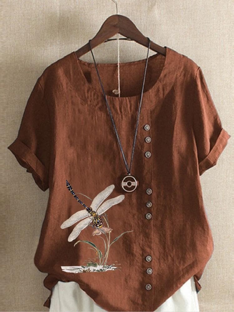 Summer Casual Dragonfly Print Loose T-shirt Retro Cotton and Linen O-neck Plus Size Short-sleeved Women's Top XS-5XL 5XL coffee