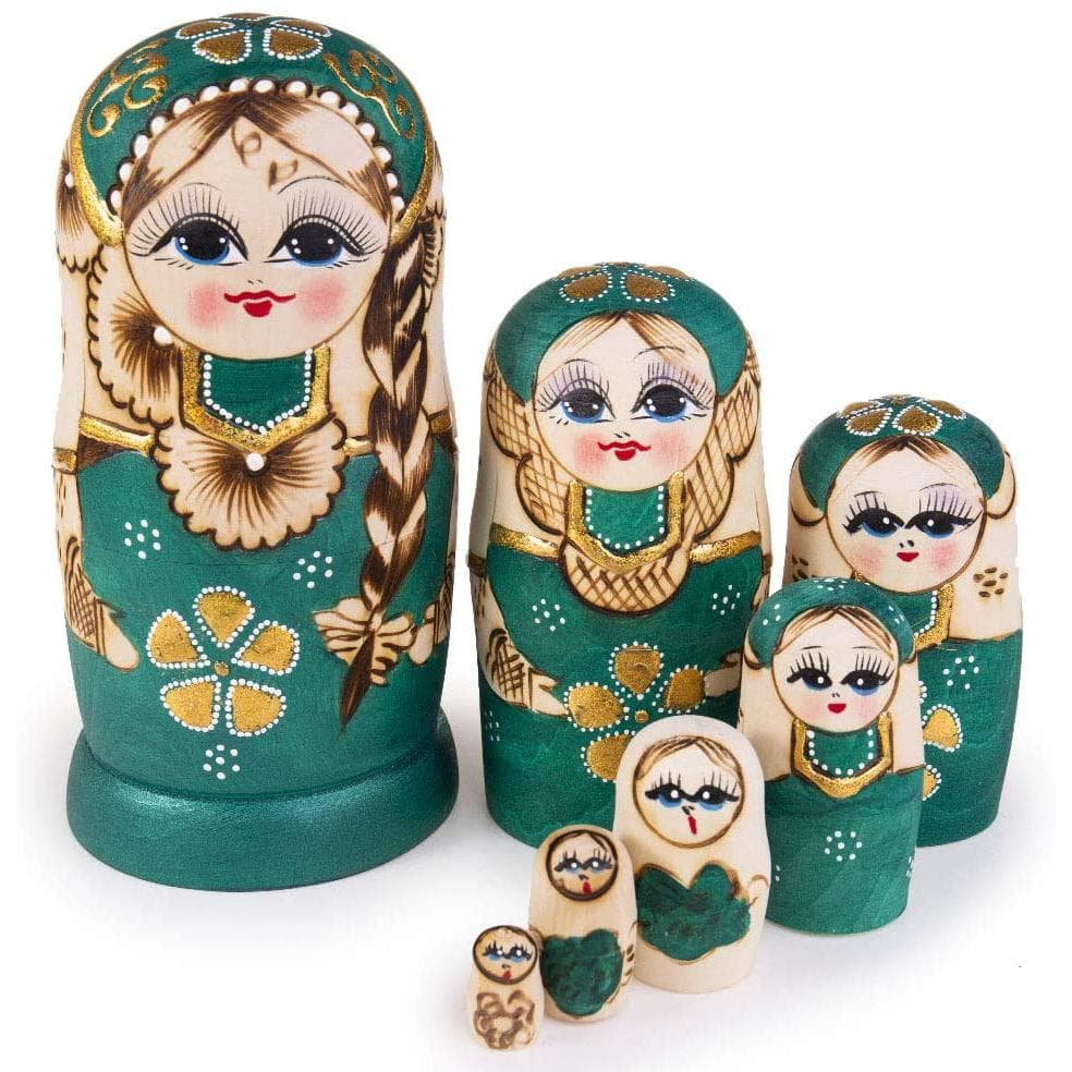 Nesting Dolls Matryoshka Wooden Stacking Nested Set 7 Pcs Handmade Toys for Kids Children Christmas Mother's Day Birthday Home Room Decoration 21x9.7cm green