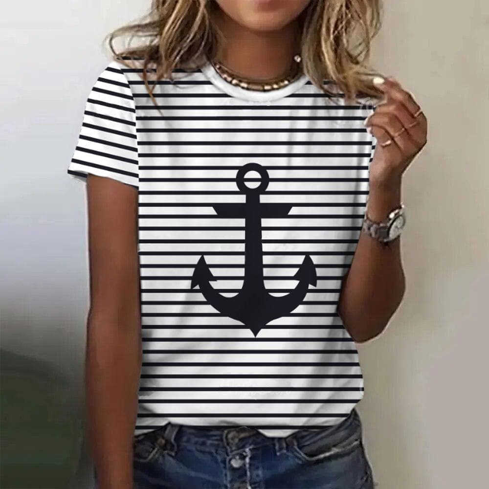Summer Women T Shirt 3d Print Boat Anchor Print Fashion O Neck Short Sleeve Tees Tops Pullover Women's Casual Loose T-Shirt Y2k Clothing 2XL