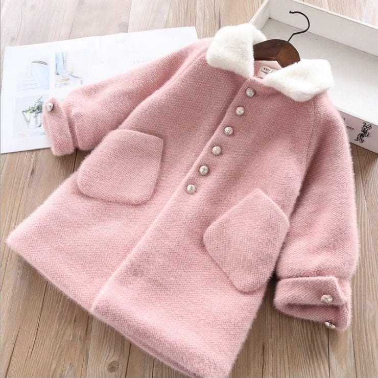 Girls' Mink Fur Thick Cotton Jacket Winter Mid Length Coat 160 pink