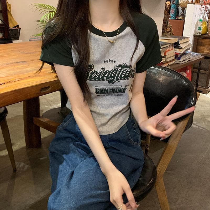 Short-sleeved T-shirt for Women's Design, Ragdoll Sleeves Contrasting Color Cartoon Print, Slim Fit and Slim Summer Fish Bone Waist-hugging Short Top XL