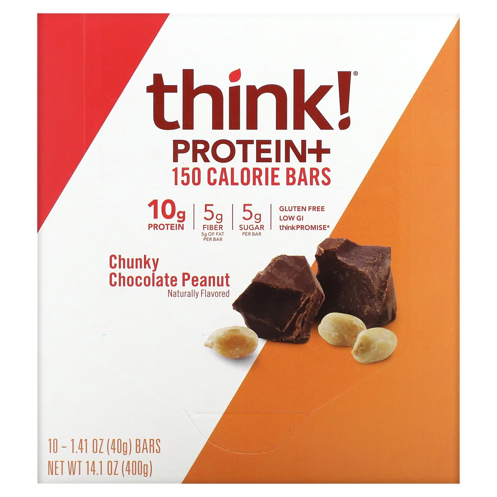 Think!, Protein & Fiber Bars, Chunky Chocolate Peanuts, 10 Bars, 1.41 oz (40 g) Each