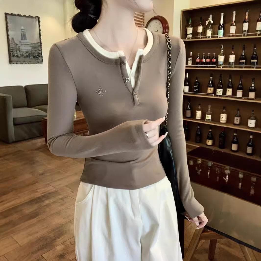 Early Spring Design Fake Two-piece Long-sleeved T-shirt for Women New Style Slim Fit Slim Bottoming Shirt Shoulder Top 2XL