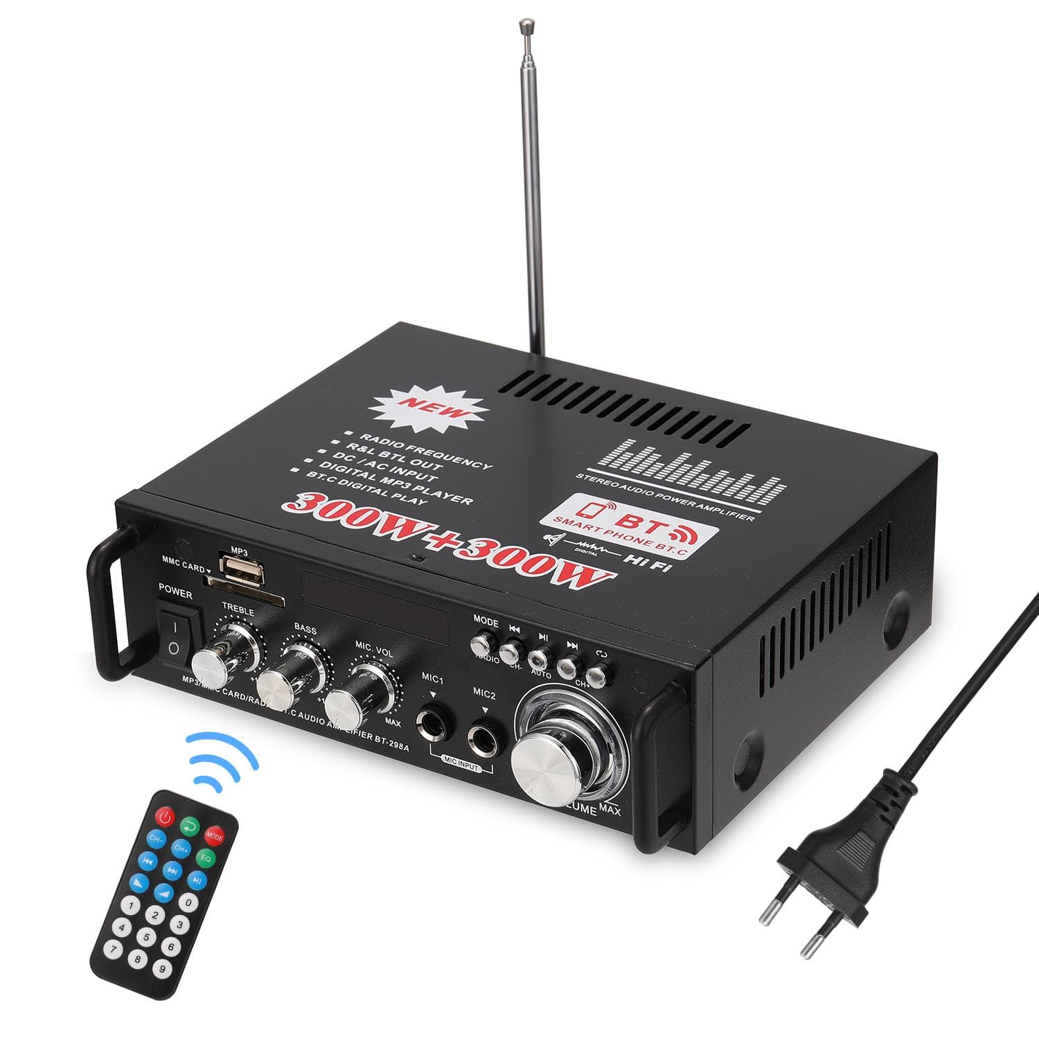 12V/ 220V Mini 2CH LCD Display HIFI Audio Stereo Power Amplifier BT FM Radio Portable Car Home 600W EU Plug