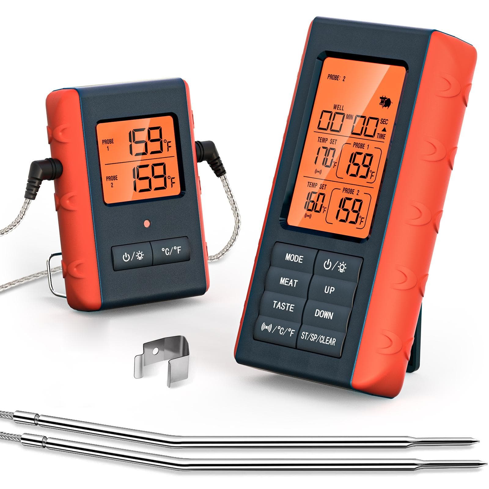 Wireless Meat Thermometer with 2 Propes for Grilling Kitchen Food Cooking Thermometer Digital Meat orange