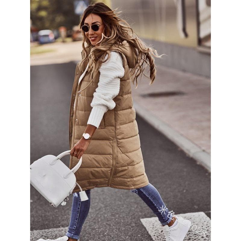 Order Two Size Up,Sleeveless Winter Jacket Women Midi Coats Down Vest Keep Warm Elegant Black Hooded Street Hipster Lady Cotton Overcoat M khaki