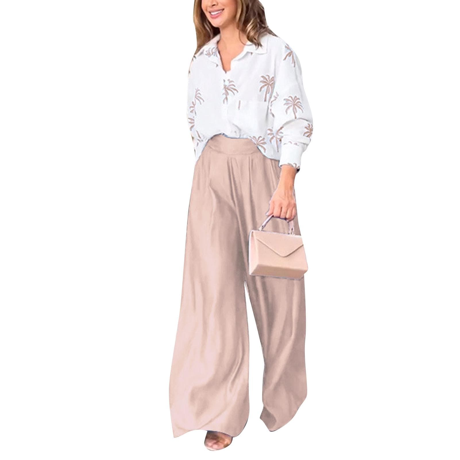 Women Two Piece Print Outfits Long Sleeve Button Up Top Wide Leg Pants Casual Turn Down Collar L khaki
