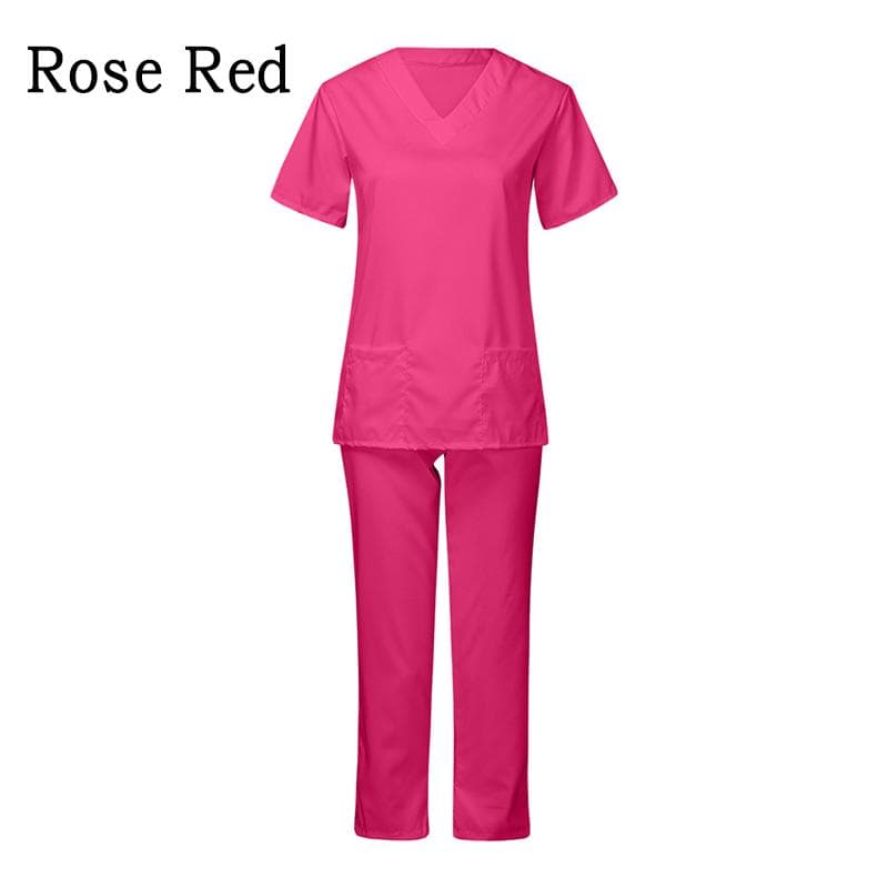 Two Piece Set Scrub Suit Nursing Uniform Set Tops+Pants V-neck Short Sleeved Fast-drying Suits M rose red