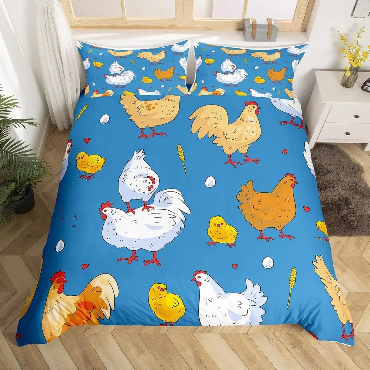 Cute Chicken Duvet Cover King Queen Colorful Rooster Bedding Set Farm Animal Comforter Cover Funny Rustic Farmhouse Quilt Cover EU Single 135x200cm