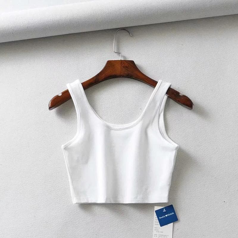 Sexy Women Summer Crop Tops Sleeveless Short Cotton U Collar Knitted Bar S white