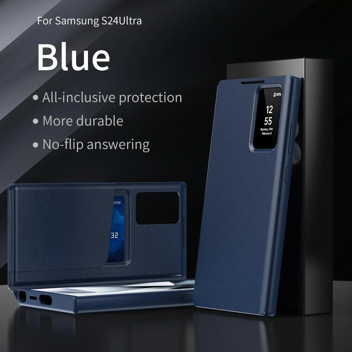 Leather Card Pocke Case for Original Samsung Galaxy S25 Ultra S24 S23 S22 S-View Flip Smart Display LED Transparent Window Cover For S23 blue