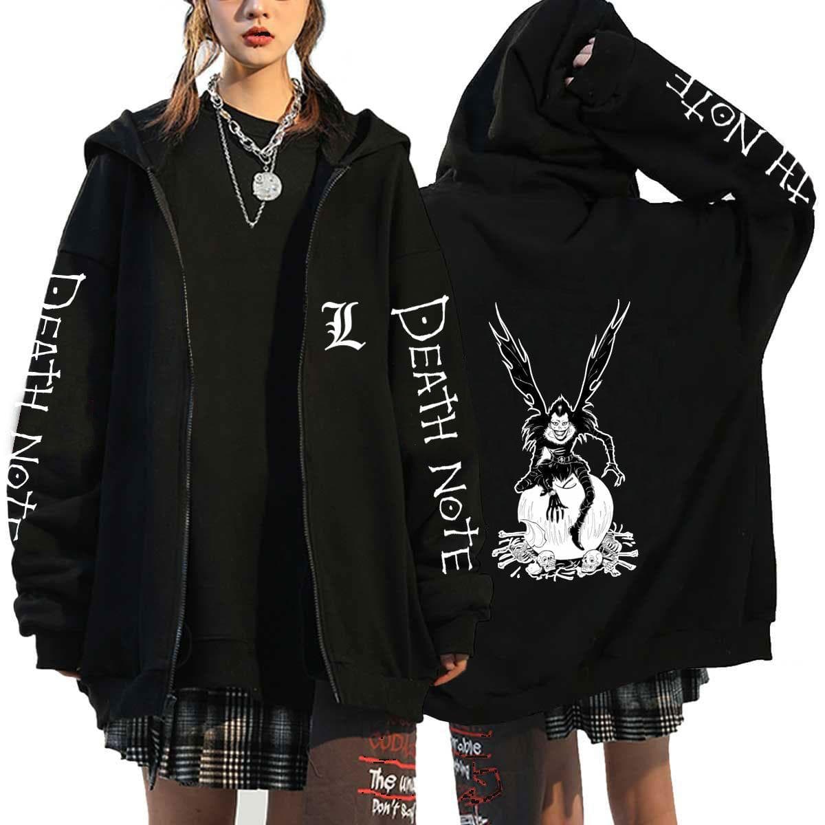 Death Note Harajuku Anime Zipper Coats Hoodies Mens Jackets Casual Loose Hooded Zip Up Manga L Lawliet Print Tops Sweatshirt Unisex Couple Streetwear XXXL