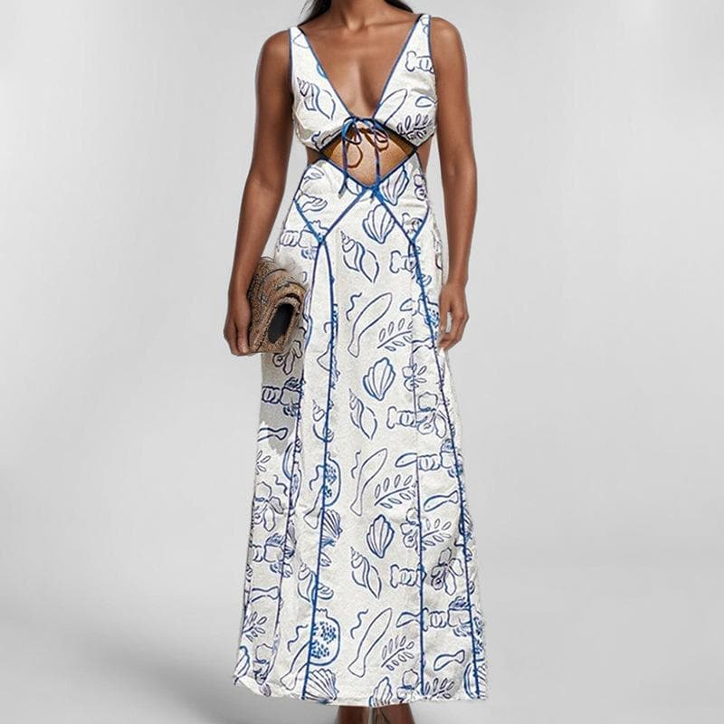 Spring New Women's Clothing Sexy Backless Hollow Print Strap Dress XL blue