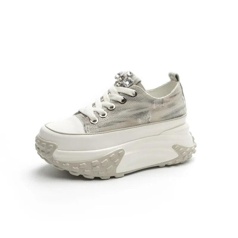 Fujin 6cm Denim Genuine Leather Platform Wedge Shoes Chunky Sneaker Casual Comfy High Brand Rhinestone Spring Bling Autumn Shoes 36