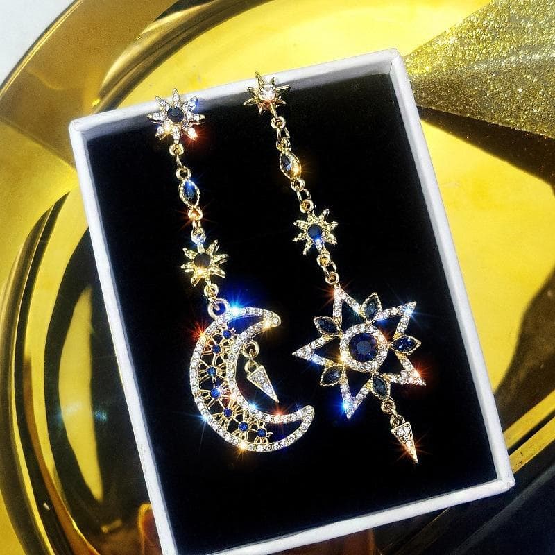 1Pair Asymmetry Long Star Moon Earrings Personality Tassel Elegant Shinny Earrings Girls Jewelry