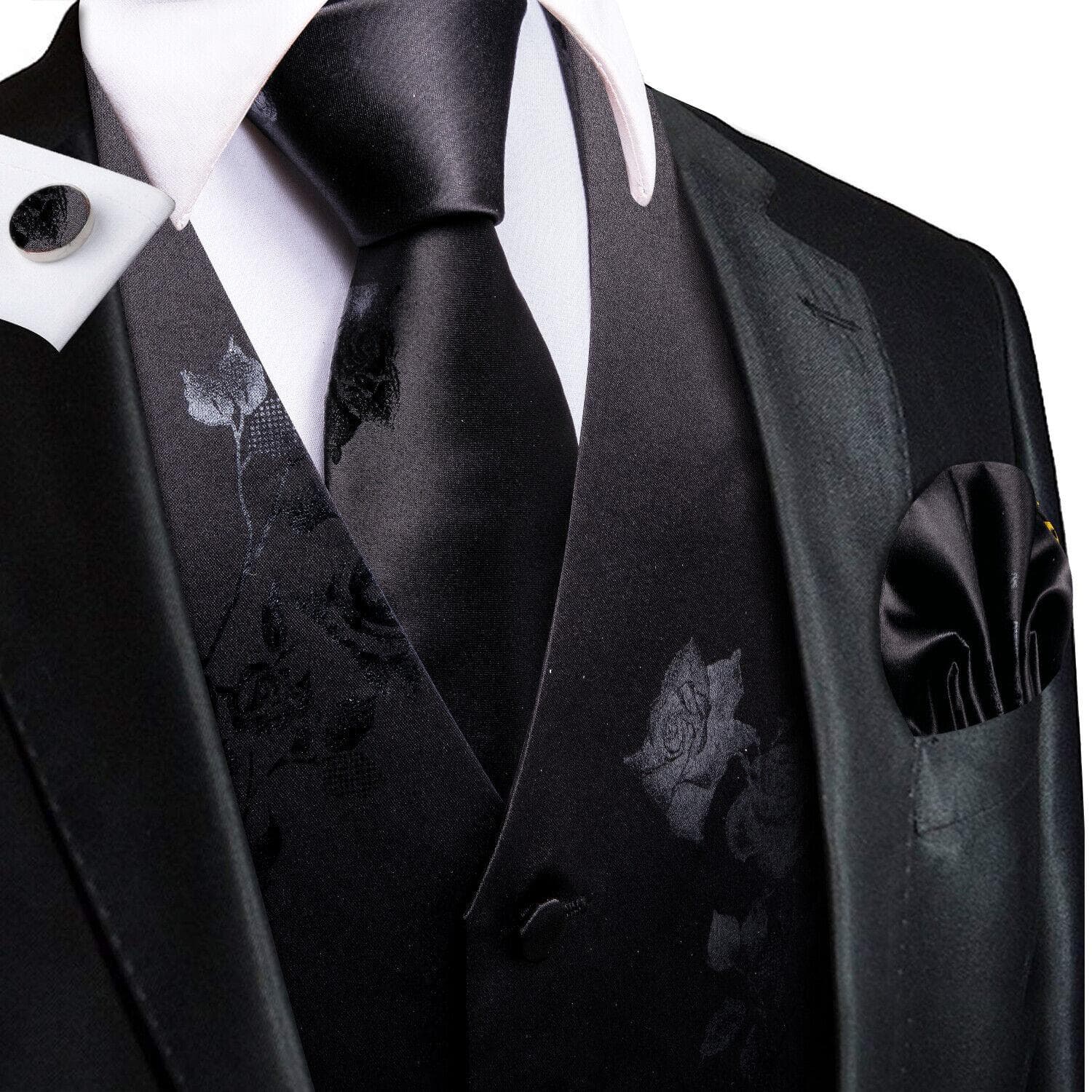 Hi-Tie Mens Waistcoat Silk Paisley Floral Tie Handkerchief Cufflinks SET Formal XL
