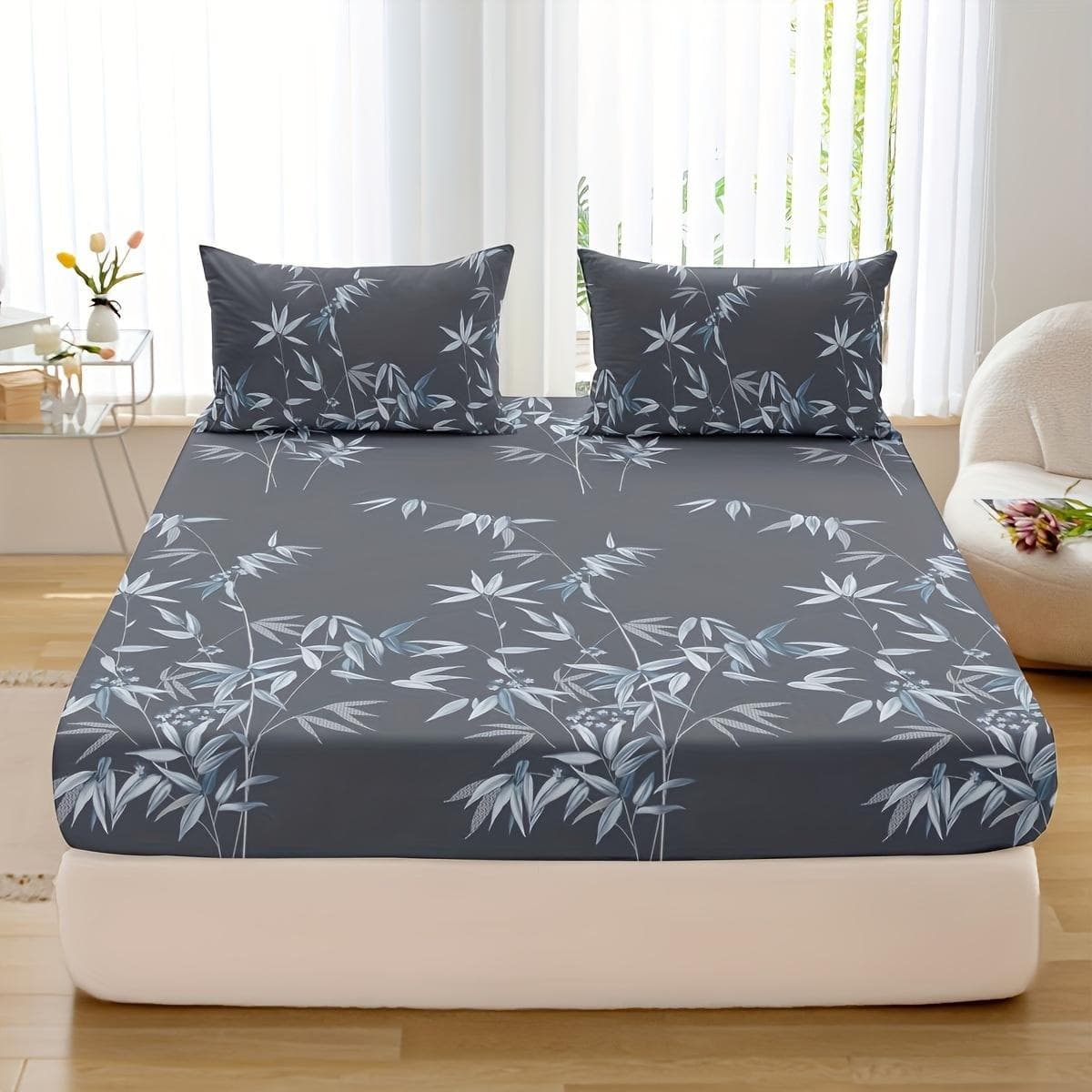 3Pcs Bamboo Leaf Print Fitted Sheet Set - Soft, Breathable, Comfortable, Hypoallergenic Bedding For Bedroom, Guest Room - 1 Fitt 100x200cm