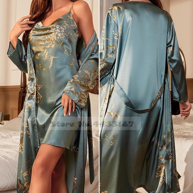 Sexy Female Long Bathrobe Nightdress Set Summer Sleepwear Spaghetti Strap Nightgown Lingerie Loose Print Cherry Satin Homewear XL