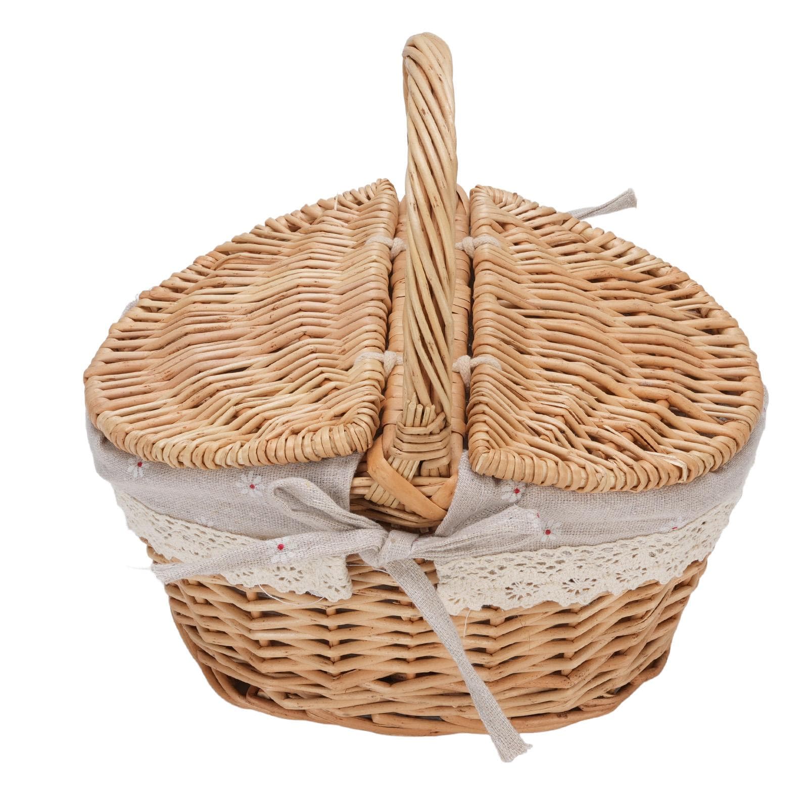 Wicker Picnic Basket with Double Lids Handle Removable Liner Hand Woven Picnic Basket for Outdoor