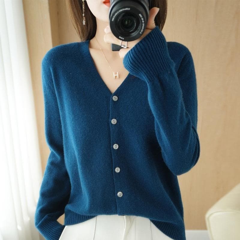 Women Cardigans Autumn Winter Single Breasted Knitwears Long Sleeve V-neck Knit Cardigan Korean Fashion Spring Casual Sweater L blue