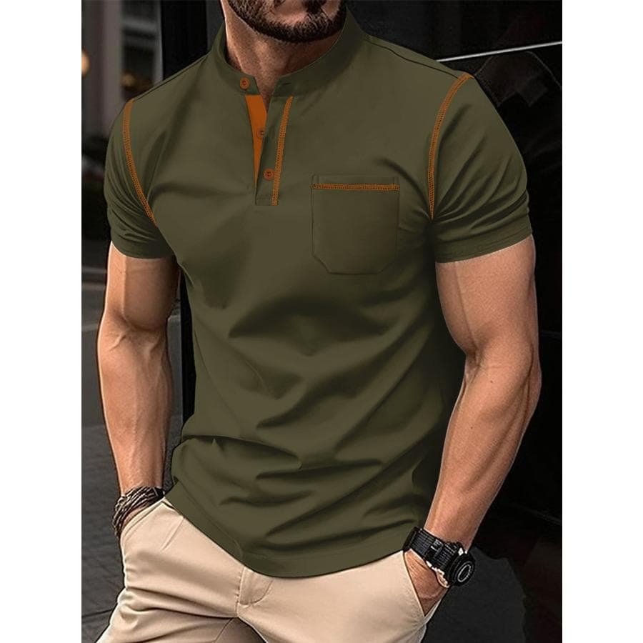 Men Summer POLO Shirts Stand Up Collar Pocket Short Sleeve Tops Men's Sports Polo Shirt S army green