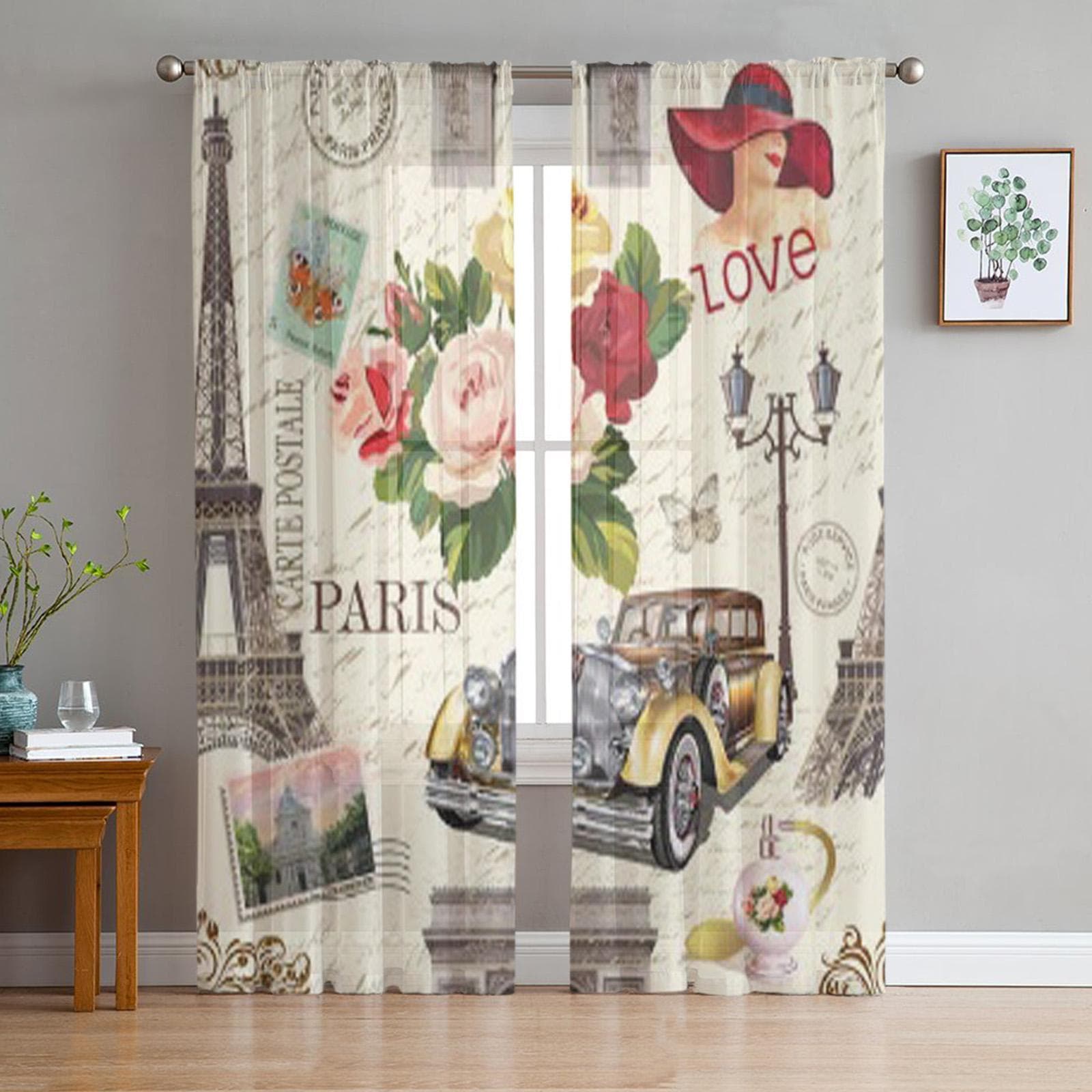 Paris Vintage With Retro Car Roses Chiffon Sheer Curtains for Living Room Bedroom Kitchen Decoration Window Voiles Tulle Curtain 135W x 114H(cm)