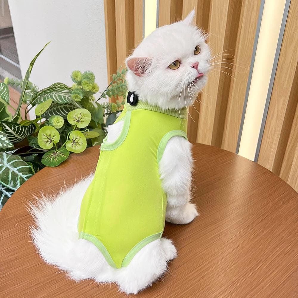 Cat Clothes Recovery Suit Small Dog Onesie After Surgery Wear Wounds Anti Licking Adjustable Collar Kitten Pajamas Bodysuit S green