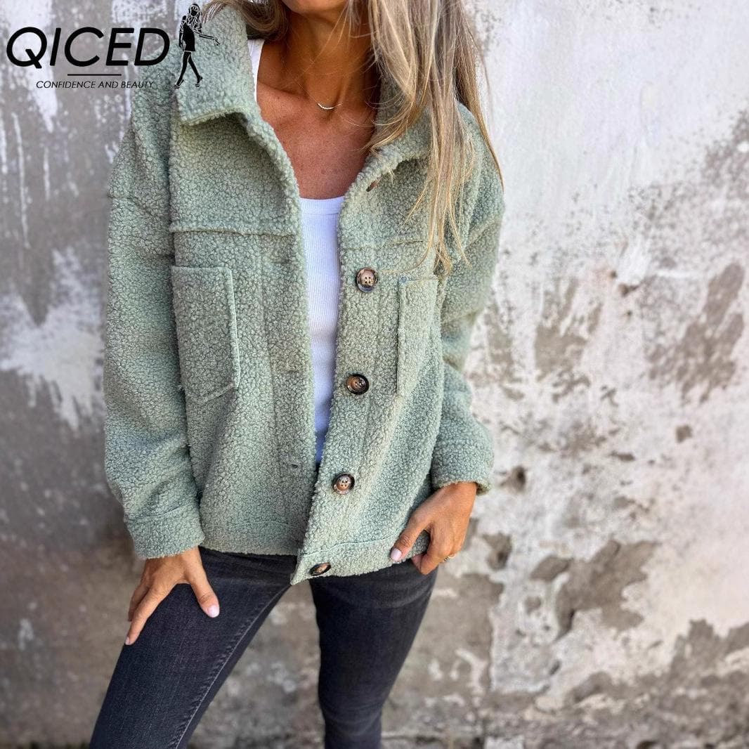 QICED Women's Vintage Casual Lattice Print Autumn Winter Long Sleeve POLO Neck Jackets & Coats M green