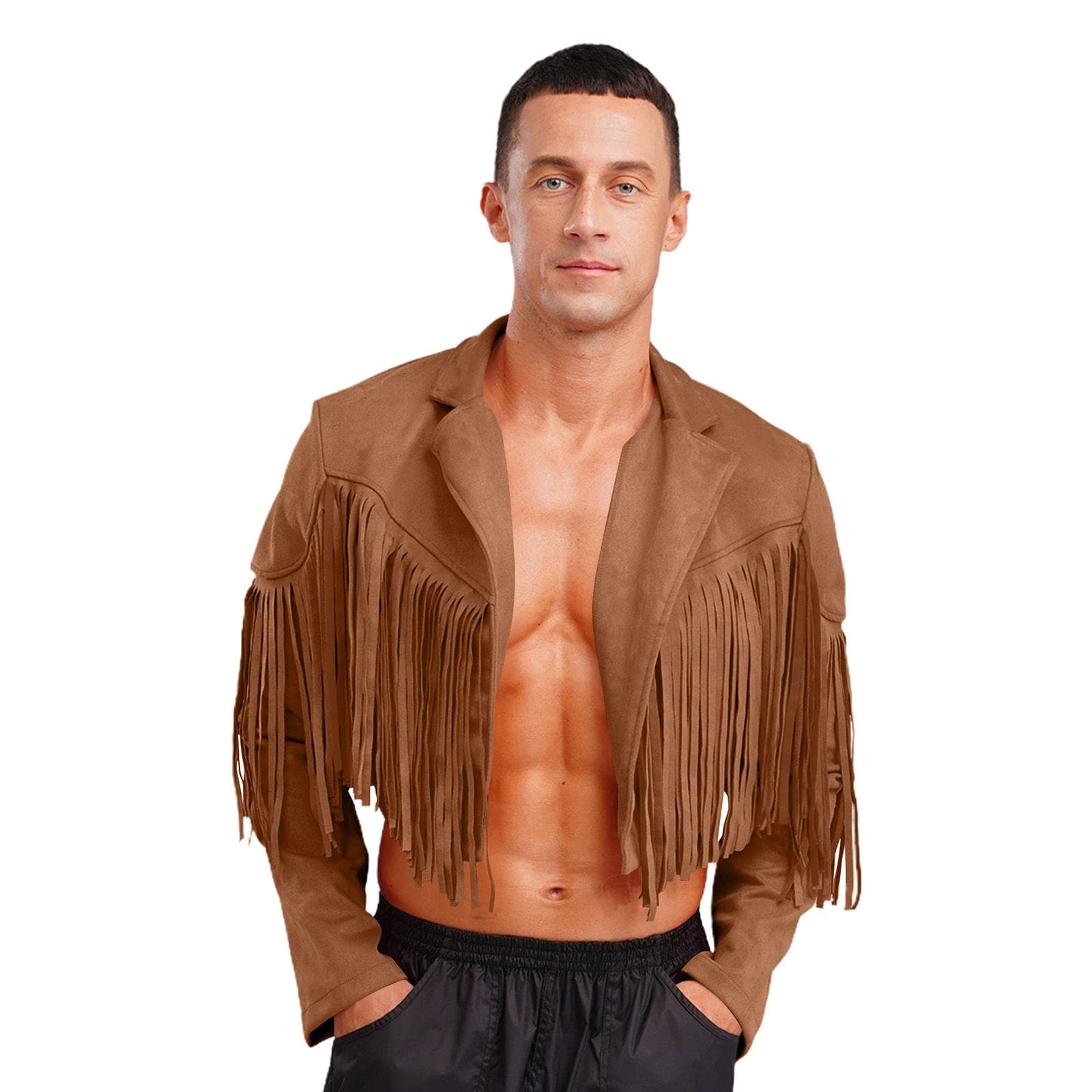 Mens Faux Suede 80s Hippie Cropped Jacket with Fringe Detailing Open Front Cardigan Cowboy Style M brown