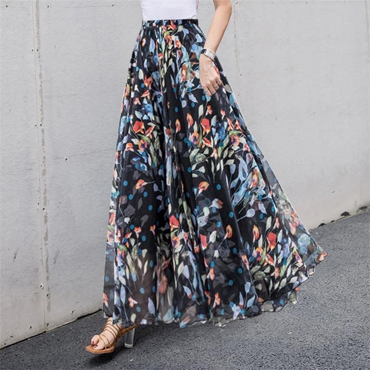 Women Chiffon Half-body Dress 2025 Spring Summer New Floral Half-body Vacation Style Beach Skirt M black