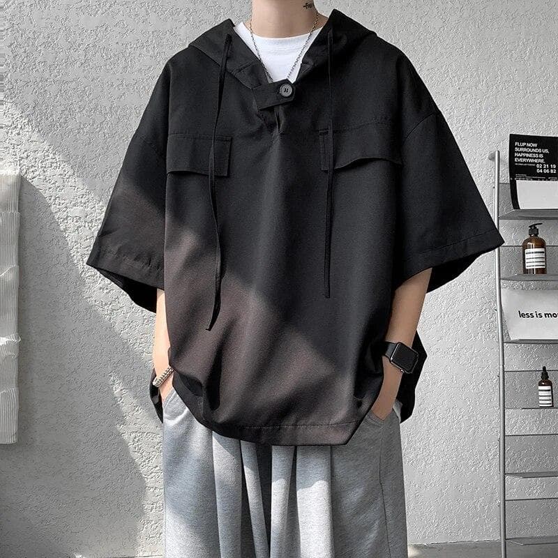 5 Colors Summer Hooded T shirt Men Korean Half Sleeve Pullover Streetwear Loose T-shirt Tops Drawstring Men Clothing 5XL-M M black