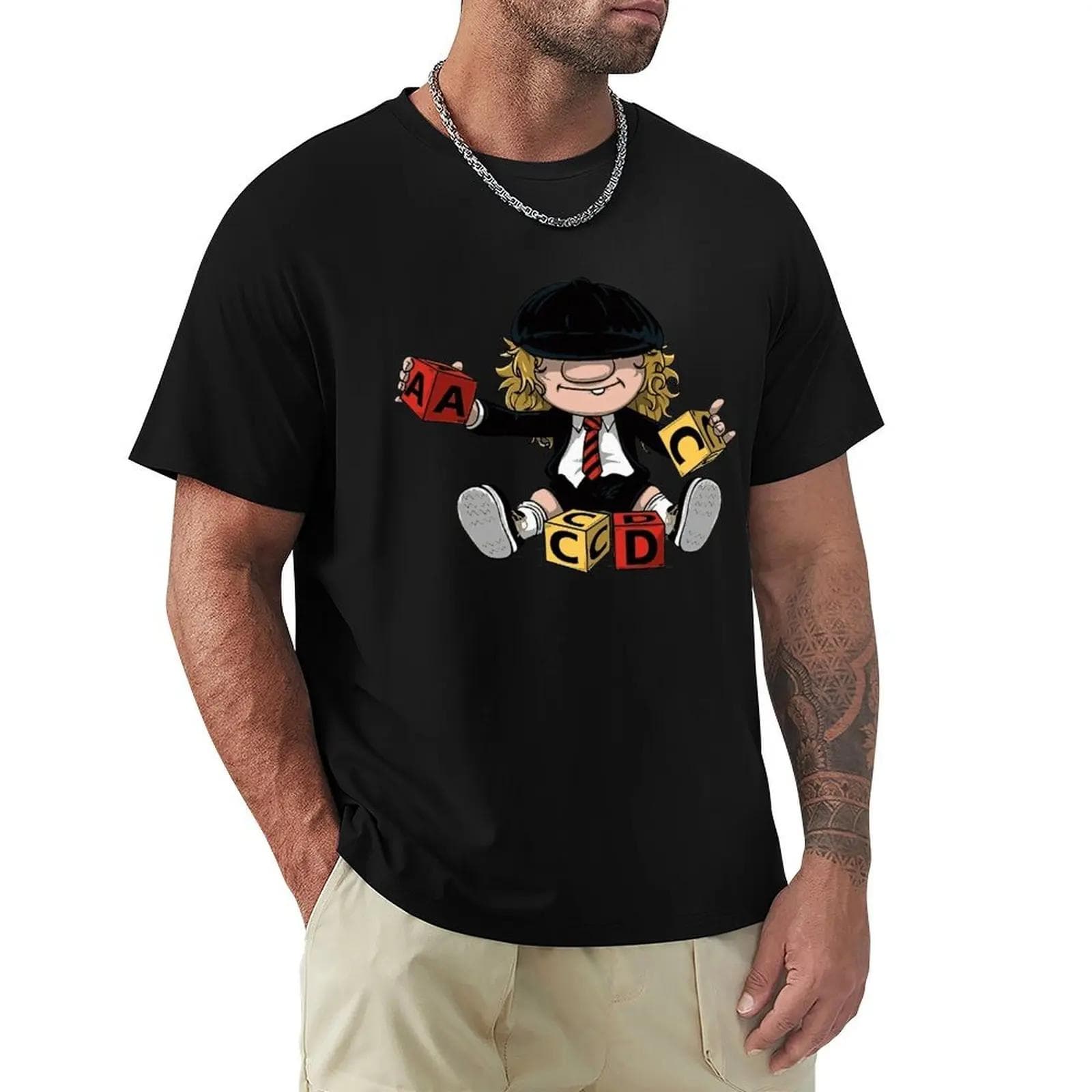 AC_DC Angus Young Hardrock Music Band Fan Male T Shirts Cartoon Graphic TShirts Cool Short Sleeve Clothing Streetwear T-Shirts S beige