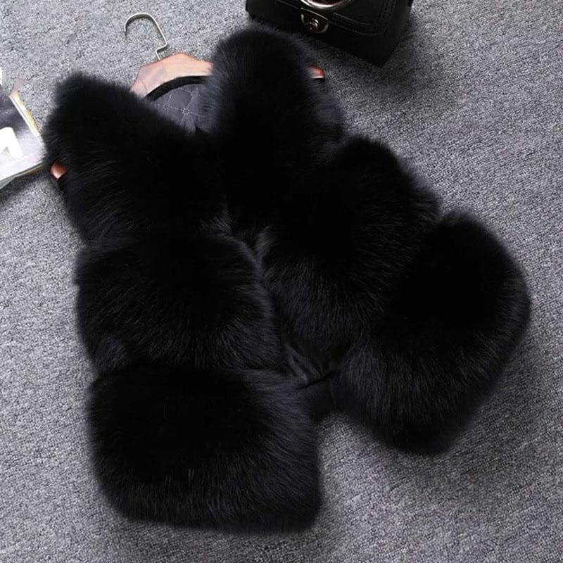 Autumn Winter Thick Warm Faux Fox Fur Vest Women High Quality Fashion V-Neck Short Fur Coat Female Fur Waistcoat XS black