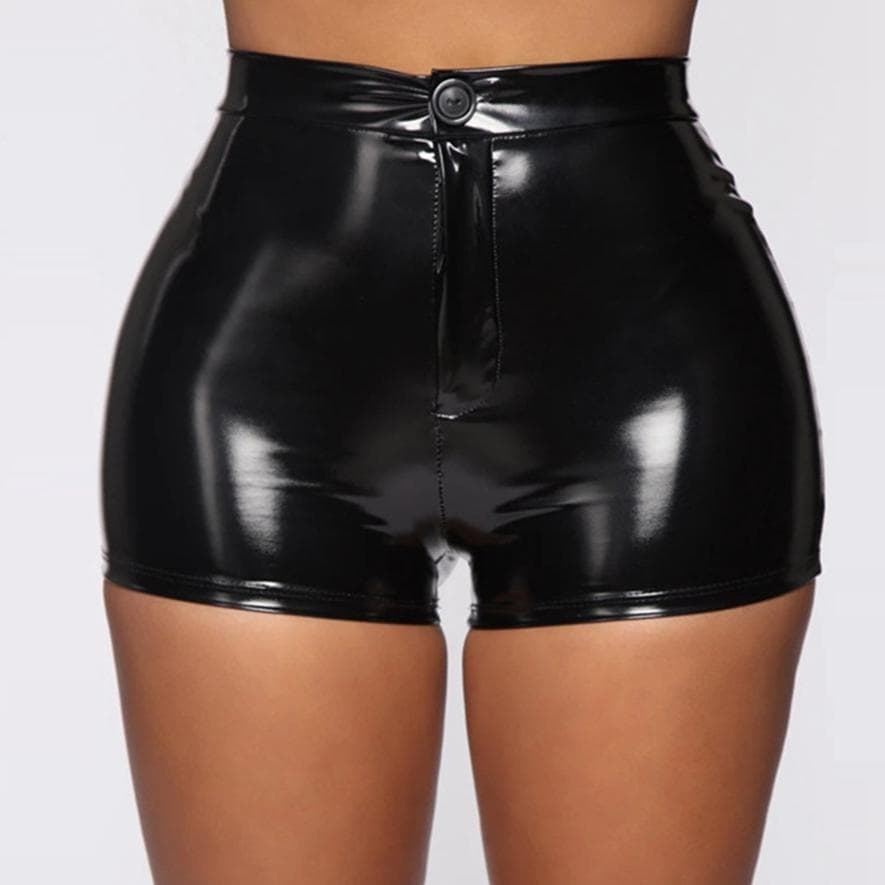 Women's Solid Color Sexy Slim Leather Shorts Nightclub Stage Performance High-gloss Close-fitting Faux Leather Waist Shorts 2XL black