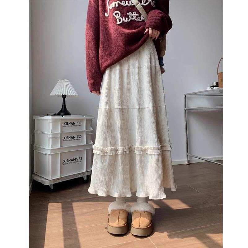 Bust Skirt Women's Autumn and Winter New Cake Skirt Small Person Fungus Edge Big Swing Skirt XL apricot