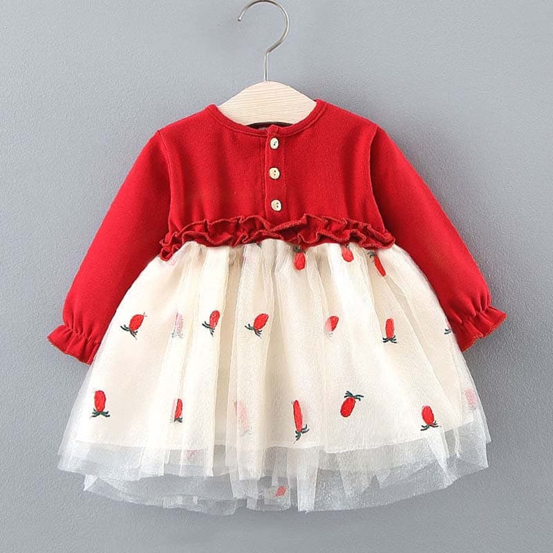 Girls' Red Dress Sweet and Lovely Long-sleeved Cardigan Poached Princess Skirt Embroidered Cartoon Pattern A-line Slim Spring and Autumn 100 red