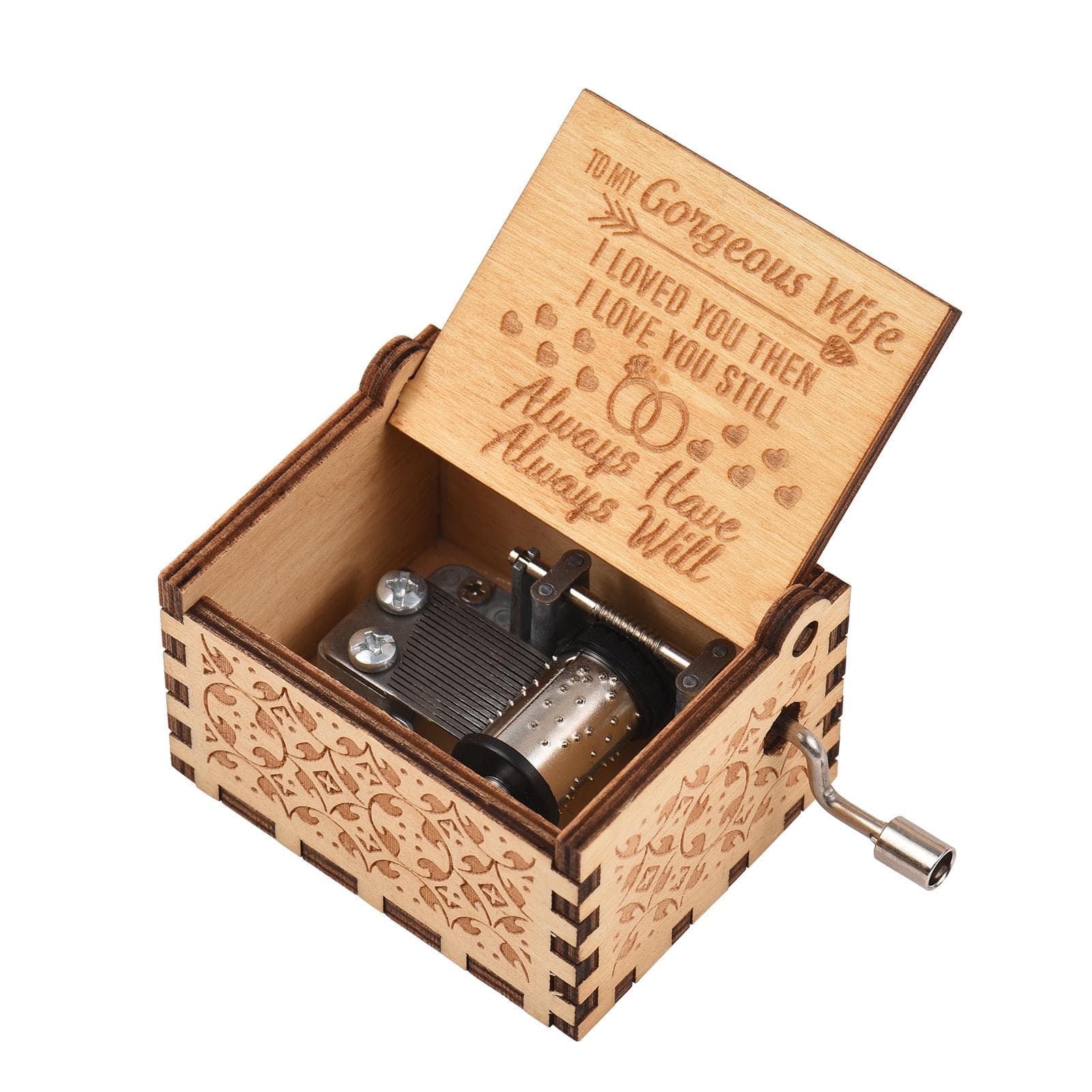 Vintage Wooden Music Box Palm-size Hand Crank Wood Case Musicbox Beautiful Carved Wooden Musical To My Gorgeous Wife