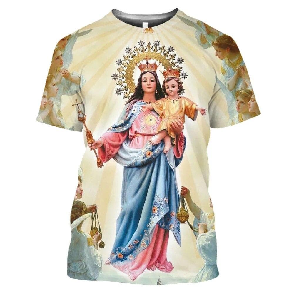 Summer Women's Short Sleeve Women's T-Shirt Round Neck 3D Print Shirt Christ Jesus Virgin Mary Pattern Fashion Casual Top L