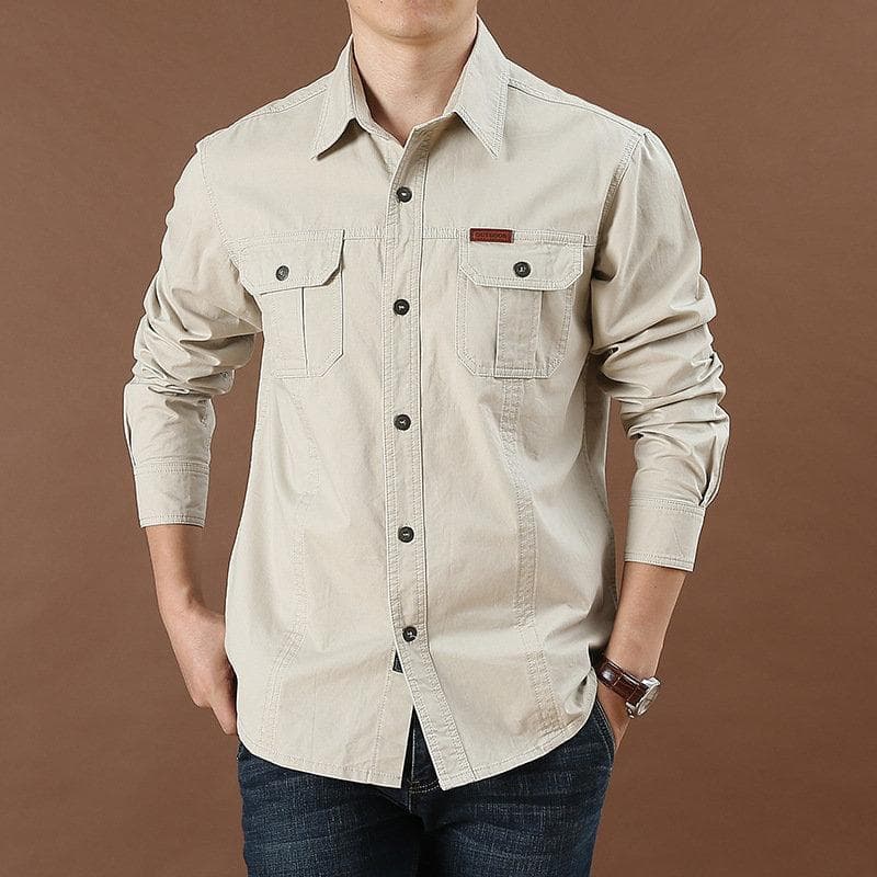 Summer Tactical Shirts Men Breathable Long Sleeve Work Cargo Shirts 5XL beige