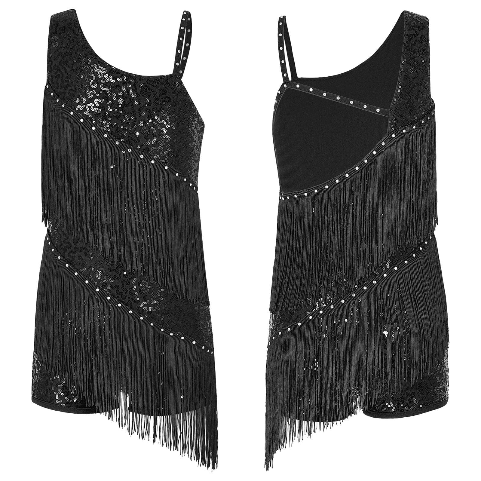 Kids Dancing Competition Party Wear Girls Sequins Ballroom Costumes Tassel Latin Jazz Dance Performance Dress 11-12 Years black