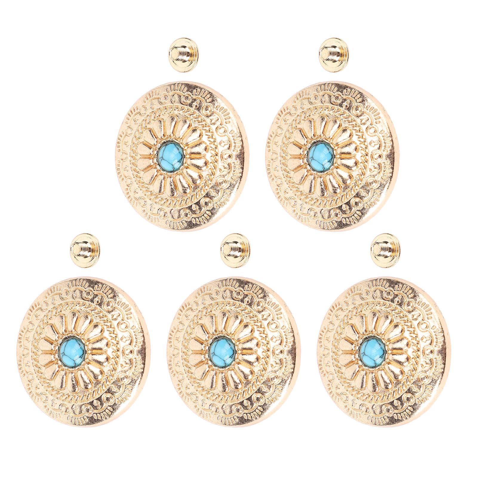 5 Sets Rivet and Screw 30mm Golden Pattern Blue Stone Buttons 4.5mm Crossed Screws for Clothing