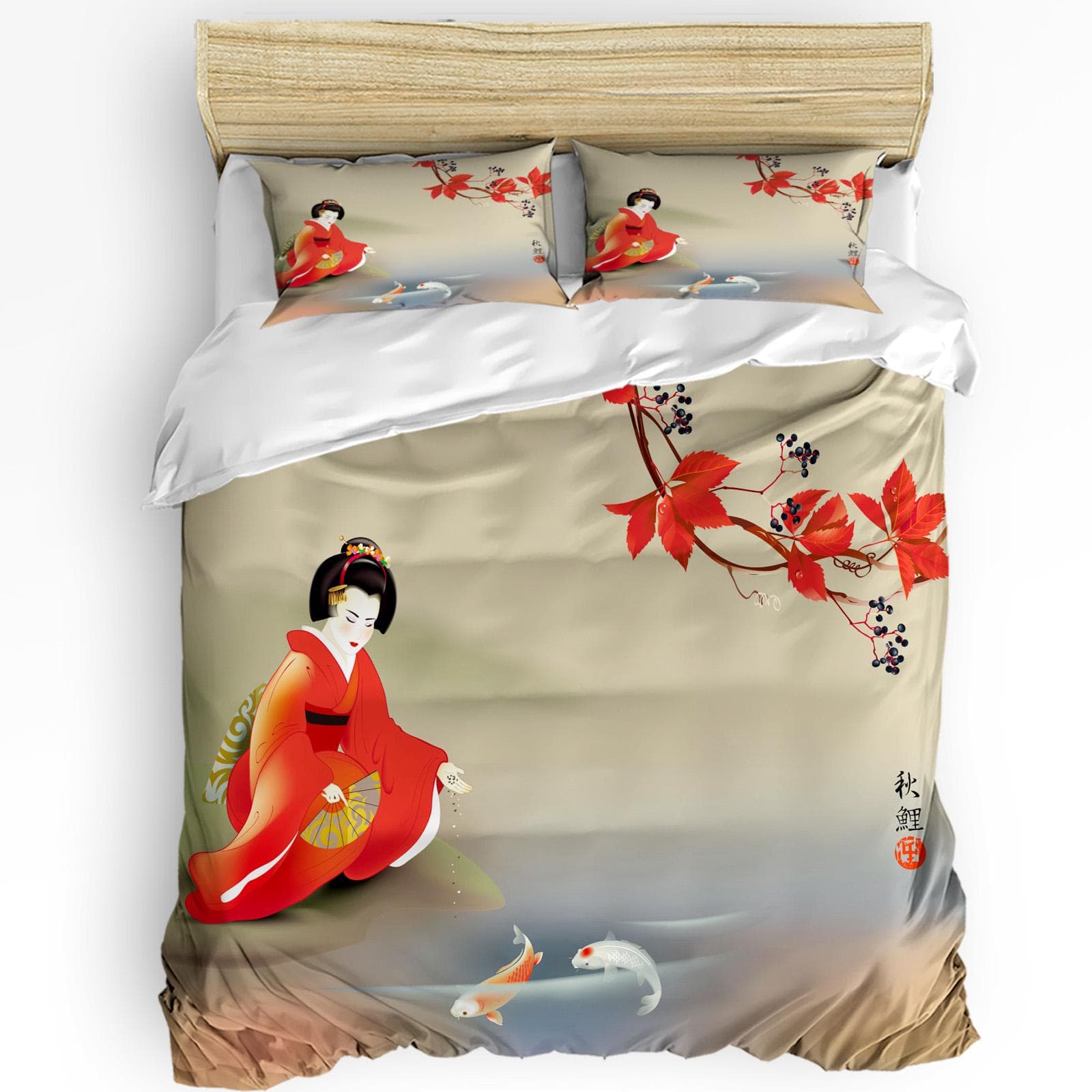 Japan Red Sun Geisha Woman Dragon Bamboo 3pcs Bedding Set For Bedroom Double Bed Home Textile Duvet Cover Quilt Cover Pillowcase AU Double(180x210cm)